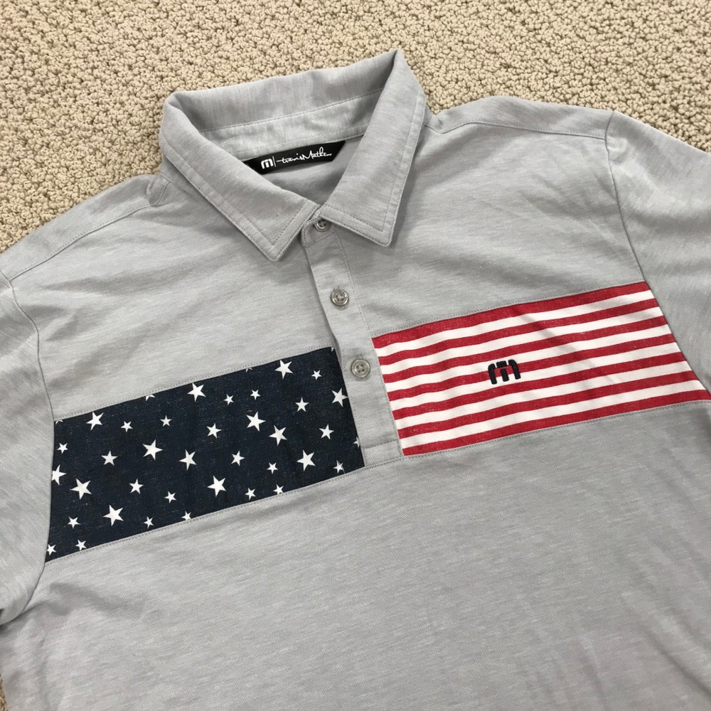 TravisMathew Mens Gray Stars and Stripes Americana Golf Polo Shirt Size Large